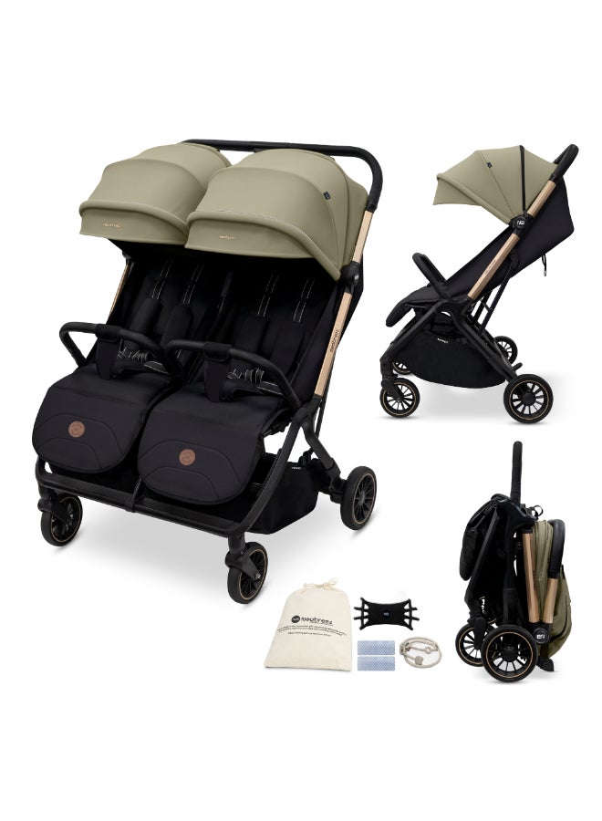 Neobreez Compact Autofold Folding Double Stroller,Twin Stroller,Aluminium Frame,Individual Canopy&Recline Adjustment,Phone Holder,Toy Strap,Reflective Stickers,2 Zippered Pockets,0–4Yrs,3Yrs Warranty-Beige Black - Image 1