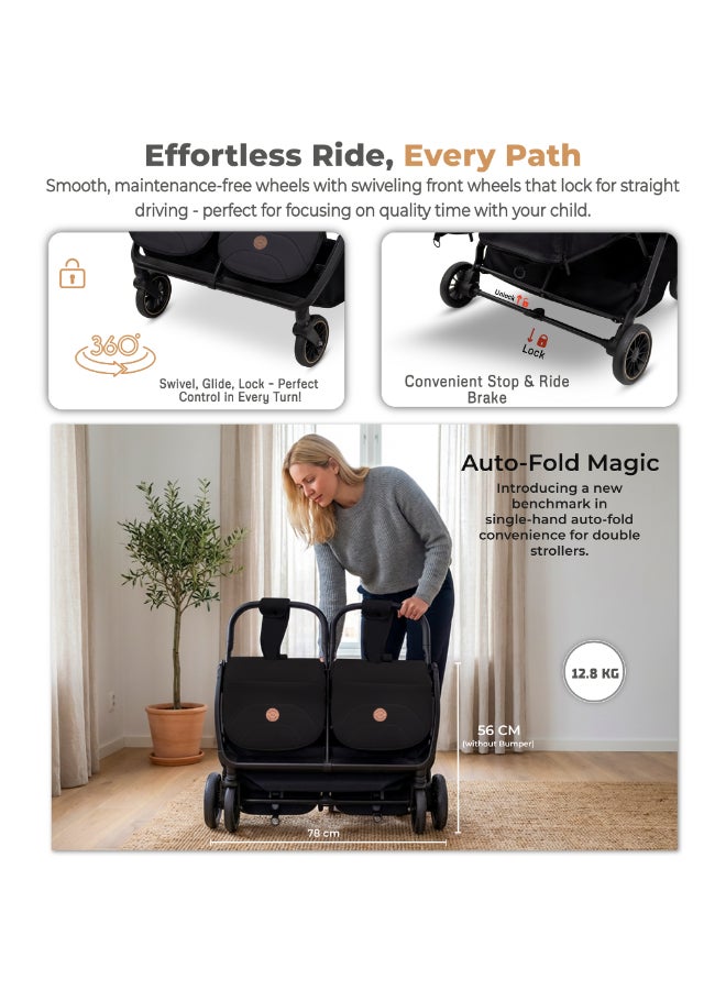 Neobreez Compact Autofold Folding Double Stroller,Twin Stroller,Aluminium Frame,Individual Canopy&Recline Adjustment,Phone Holder,Toy Strap,Reflective Stickers,2 Zippered Pockets,0–4Yrs,3Yrs Warranty-Beige Black - Image 4