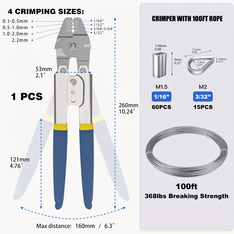 Professional 304 Stainless Steel Wire Rope Crimper Kit with 100ft Cable - Image 5