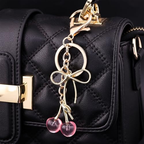 SORGERLY Pink Cherry Bag Charm Keychain - Cute Bow Purse Handbag Fruit Accessories - Beautiful Birthday Gift for Women (Pink cherry bow) - Image 3