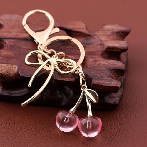 SORGERLY Pink Cherry Bag Charm Keychain - Cute Bow Purse Handbag Fruit Accessories - Beautiful Birthday Gift for Women (Pink cherry bow) - Image 5