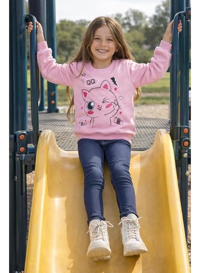 كيو كيو سويتيشرت شتوي للبنات، مبطن بالقطن 100%، خامة سميكة مقاومة للوبر والتلاشي، دافئ وناعم للأطفال من سن 2-5 سنوات، تصميم جذاب وعصري للبنات الصغيرات - Image 3