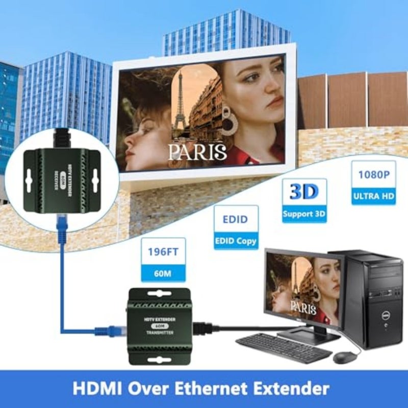 موسع HDMI عبر Cat 5e/Cat 6، HDMI عبر Ethernet، موسع 1080P لنقل ما يصل إلى 196 قدمًا 60 مترًا، HDMI عبر Cat 5/Cat 6، محول HDMI إلى Ethernet، محول Ethernet إلى HDMI وجهاز الإرسال والاستقبال - Image 2