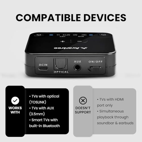 Avantree HT4186-Q - Wireless Earbuds for TV with aptX Adaptive, Bluetooth Neckband Headphones & Transmitter for Optical Digital or 3.5mm AUX Audio, No Delay, Boosted Volume - Image 3