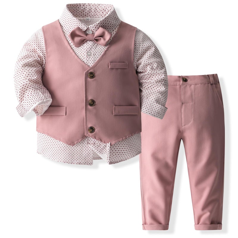 Kimocat Boys' 4-Piece Formal Suit Set Dress Shirt Vest Pants and Tie Wedding Birthday Party Suit (as1, Age, 5_Years, Pink Style) - Image 1