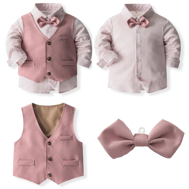 Kimocat Boys' 4-Piece Formal Suit Set Dress Shirt Vest Pants and Tie Wedding Birthday Party Suit (as1, Age, 5_Years, Pink Style) - Image 2