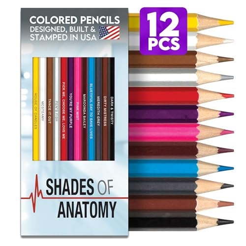 Pun Labs Grey's Anatomy-Inspired Colored Pencils Set for Adults – 12 Drawing Pencils with Foil-Stamped Names – Grey's Anatomy Gifts for Fans – Art and Office Supplies, Travel Colored Pencil Set - Image 1