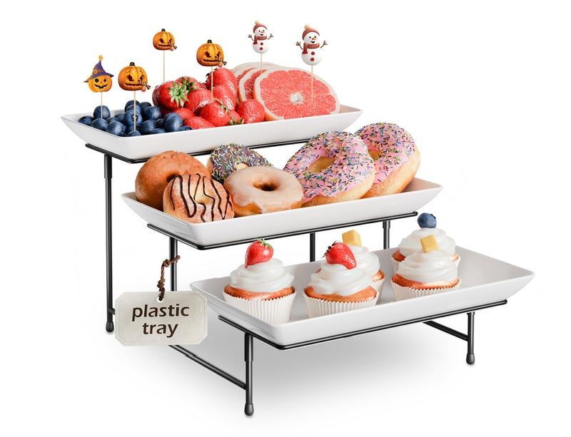 3 Tier Plastic Serving Tray for Party 115 x 56 Platters for Serving Food MicrowaveSafe White Reusable Trays with Black Metal Display Stand for Cupcakes Sevring Food Dessert Fruit Black