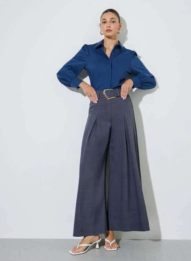 ستايلي Navy Blue Puff Sleeve Fitted Shirt