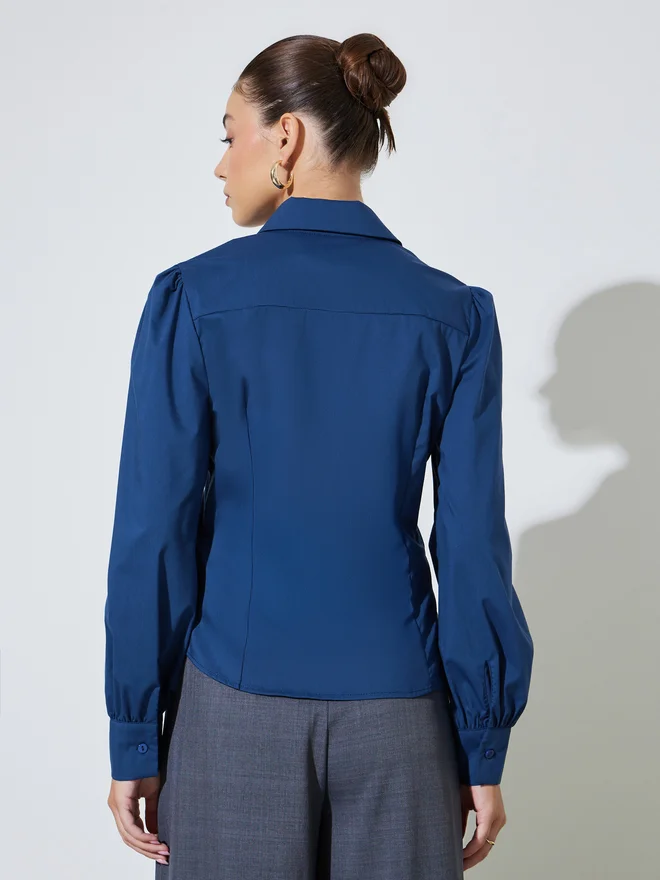 Styli blue Styli Navy Blue Puff Sleeve Fitted Shirt for Women | Best Price UAE