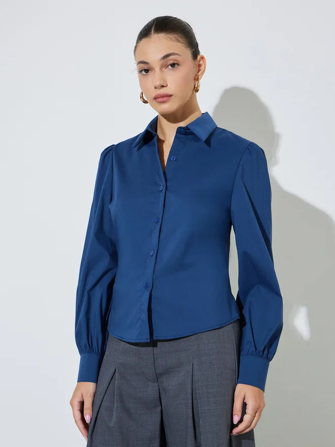 Styli blue Styli Navy Blue Puff Sleeve Fitted Shirt for Women | Best Price UAE