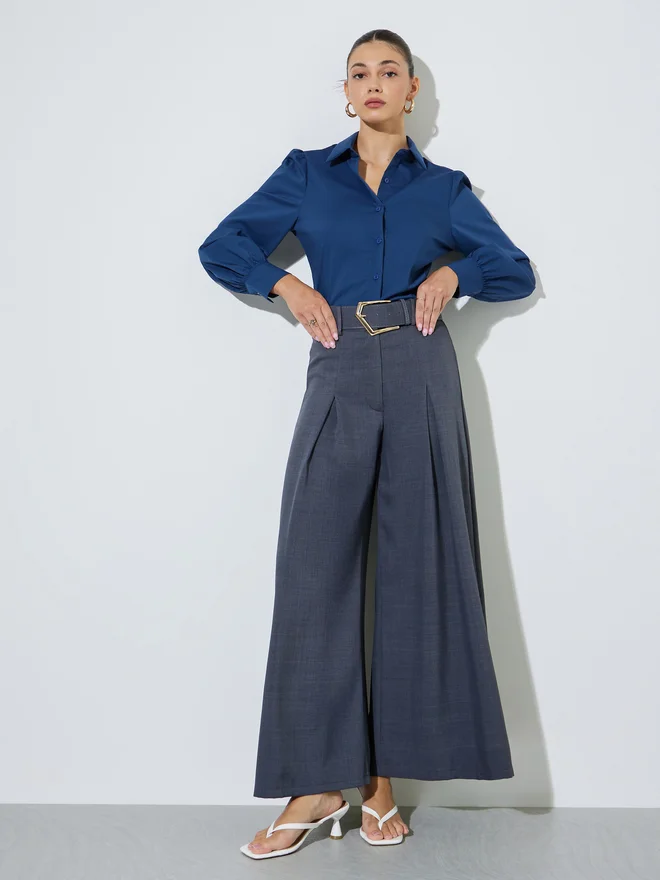 Styli Styli Navy Blue Puff Sleeve Fitted Shirt