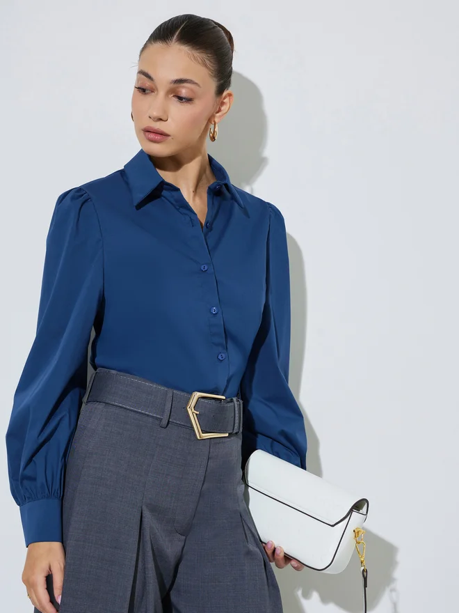 Styli Styli Navy Blue Puff Sleeve Fitted Shirt