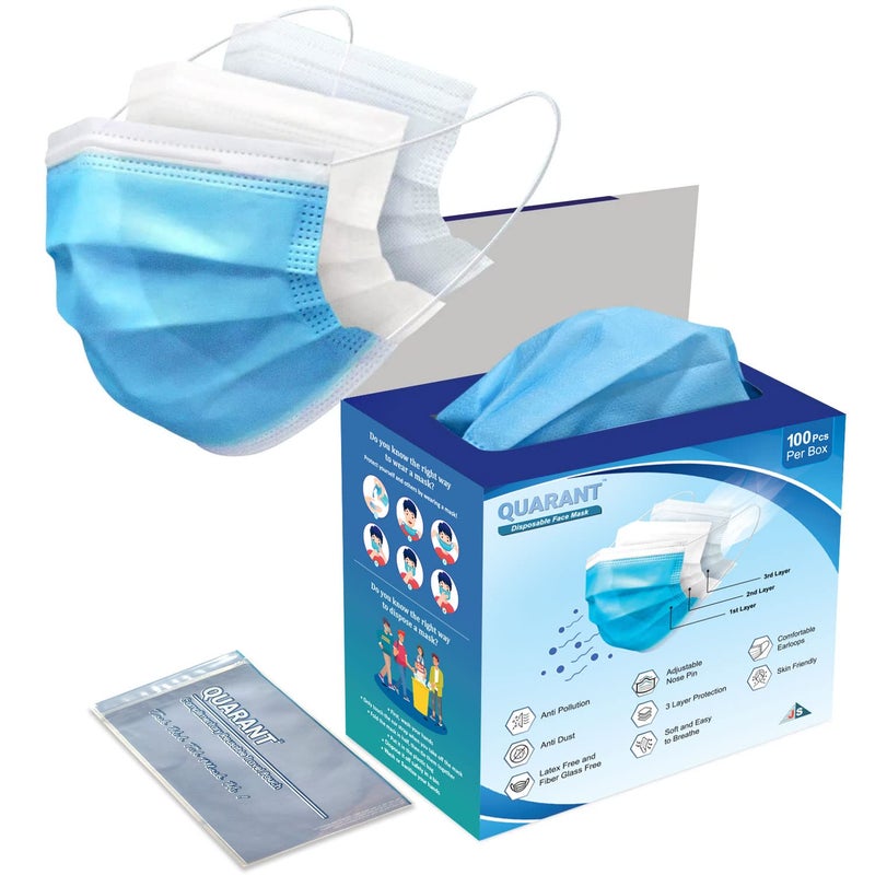 QUARANT Melt Blown - SMMS Fabric 3 Ply Disposable Face Mask with Nose Clip and Reusable Travel Pouch (Blue, Pack of 100) for Unisex - Image 1