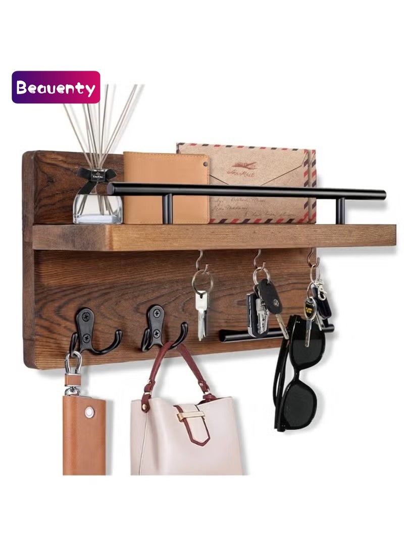 Beauenty Modern Style Wooden Wall Decorative Hanging Shelves with 5 Hooks Home Decor for Entryway Mudroom Office Hallway - Image 1