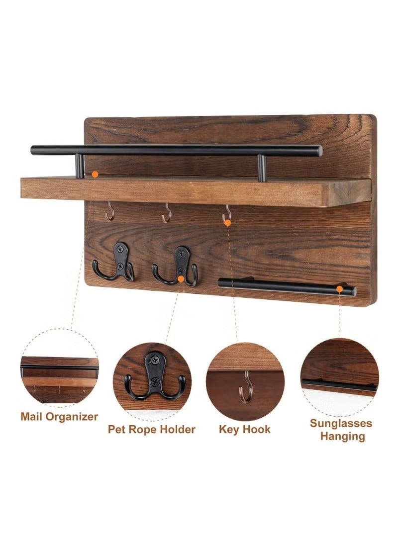 Beauenty Modern Style Wooden Wall Decorative Hanging Shelves with 5 Hooks Home Decor for Entryway Mudroom Office Hallway - Image 4