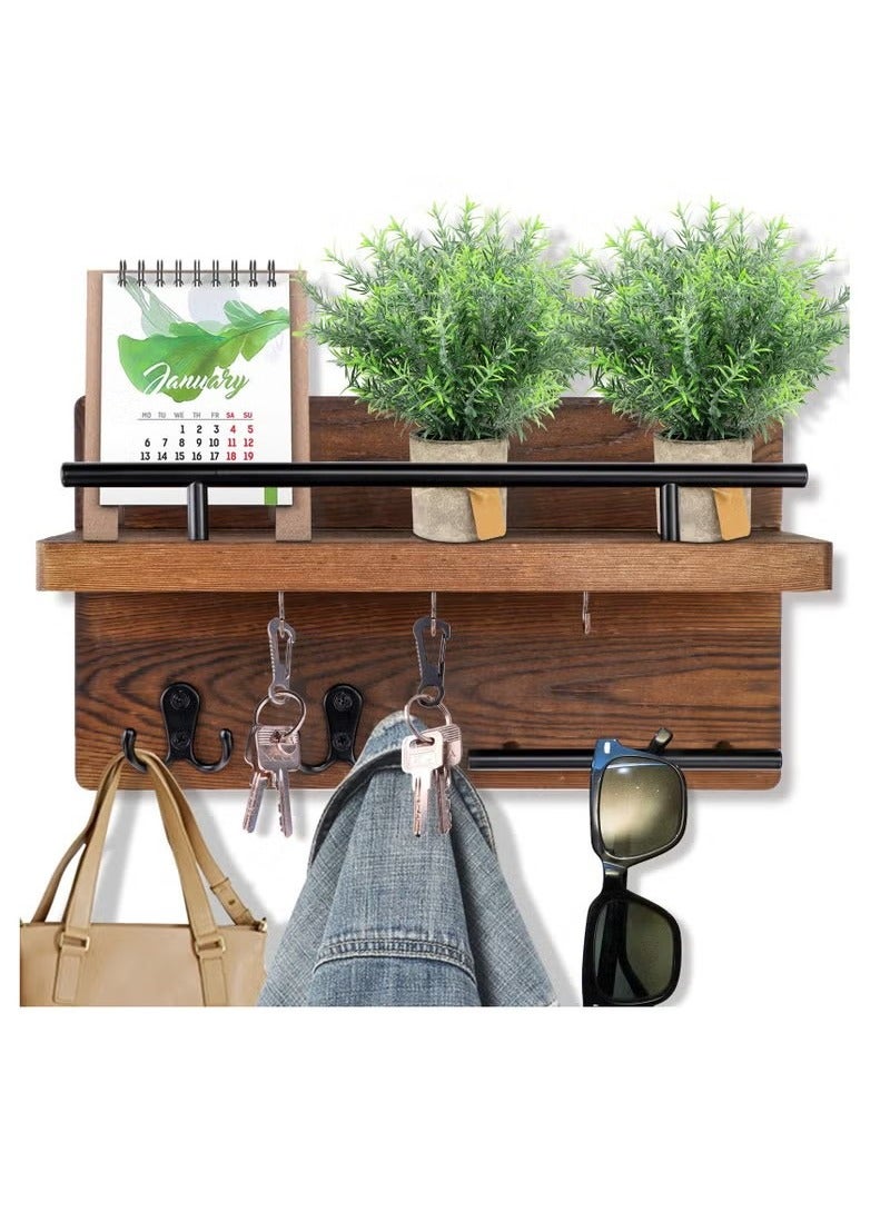 Beauenty Modern Style Wooden Wall Decorative Hanging Shelves with 5 Hooks Home Decor for Entryway Mudroom Office Hallway - Image 2