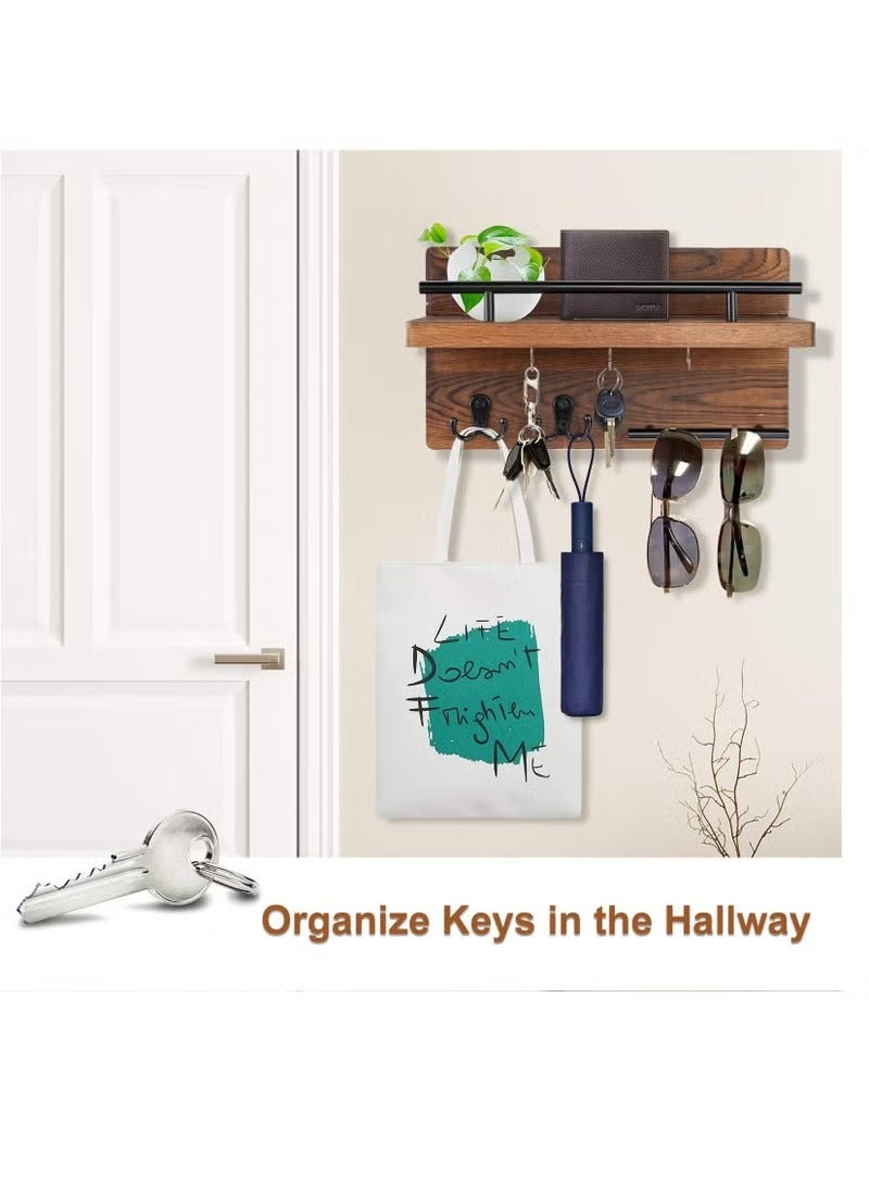 Beauenty Modern Style Wooden Wall Decorative Hanging Shelves with 5 Hooks Home Decor for Entryway Mudroom Office Hallway - Image 5