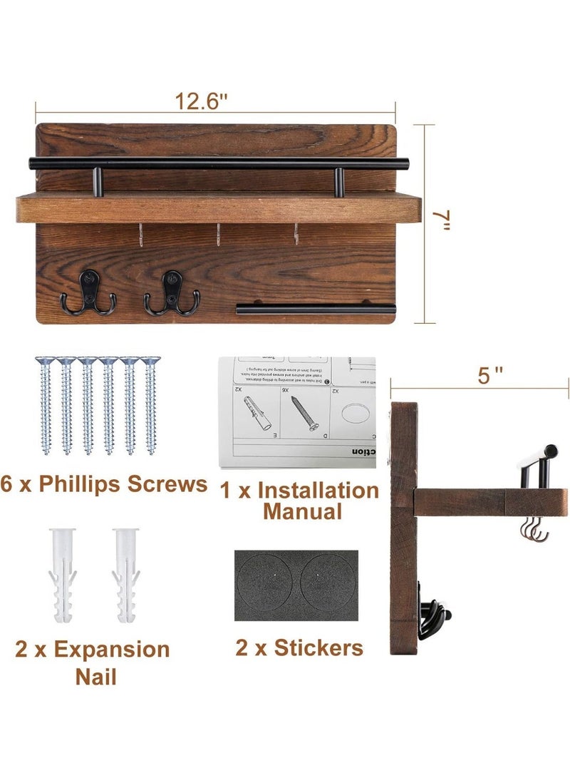 بيوينتي الحائط الخشبي الحديث الطراز رفوف معلقة زخرفية مع 5 هوكس ديكور المنزل مدخل الغرفة مكتب ردهة - Image 5