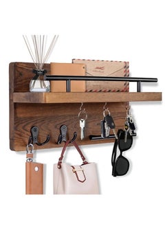 Beauenty Modern Style Wooden Wall Decorative Hanging Shelves with 5 Hooks Home Decor for Entryway Mudroom Office Hallway  - Image 1