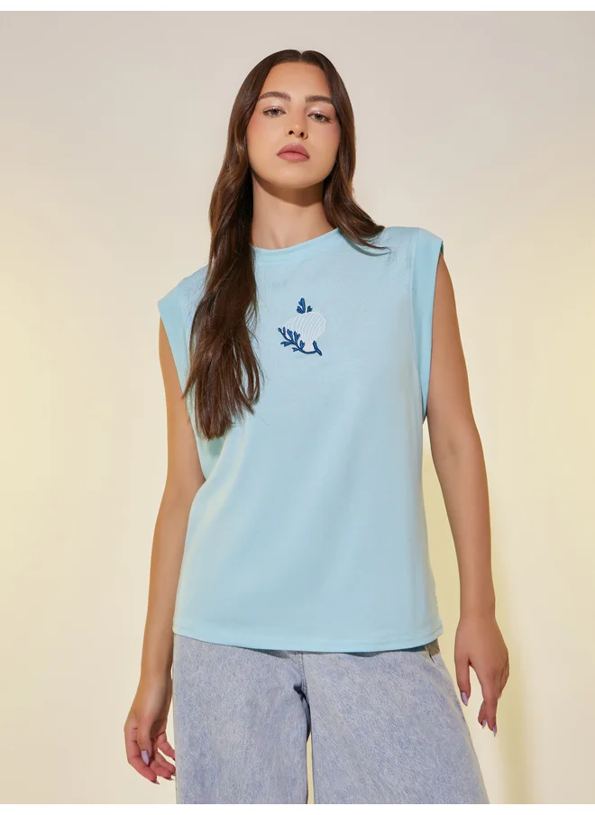 Take Two Take Two Embroidered Sleeveless Round Neck T-Shirt