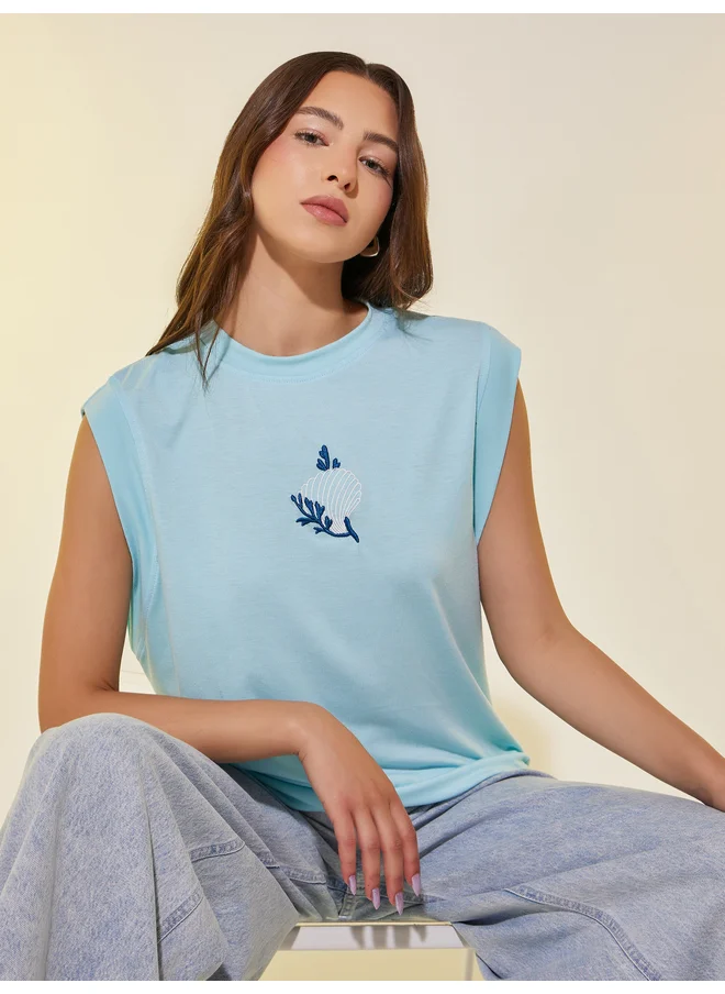 Take Two Take Two Embroidered Sleeveless Round Neck T-Shirt
