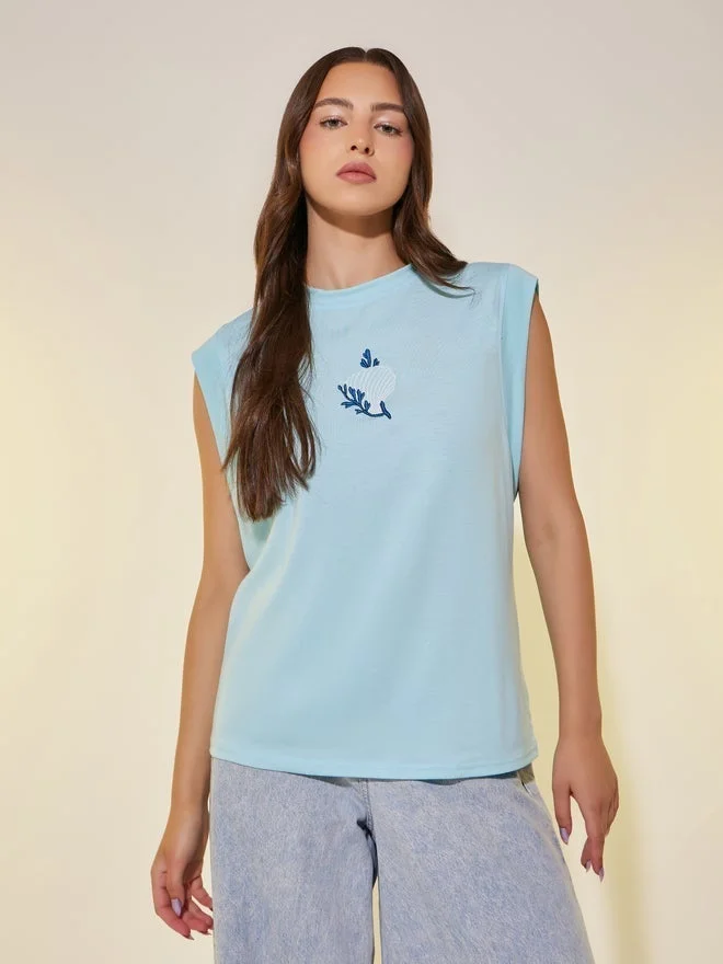 Take Two Embroidered Sleeveless Round Neck T-Shirt