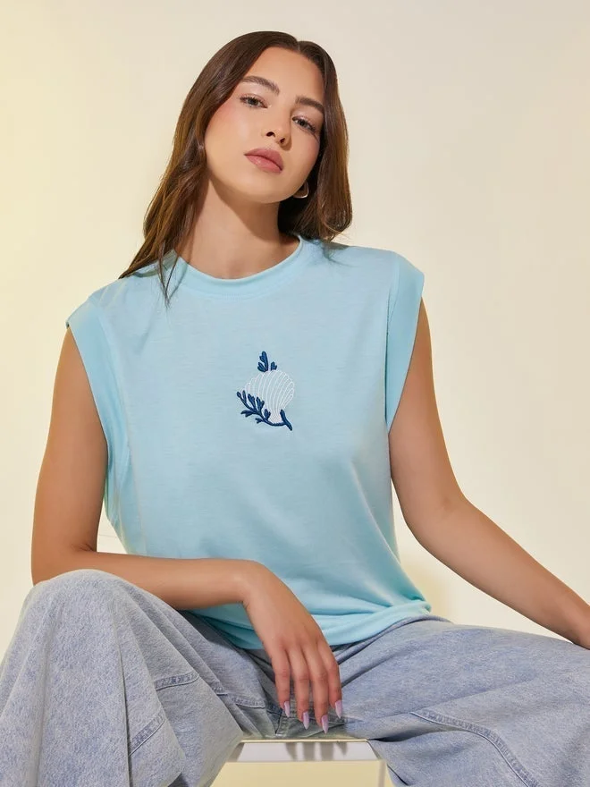 Take Two Embroidered Sleeveless Round Neck T-Shirt