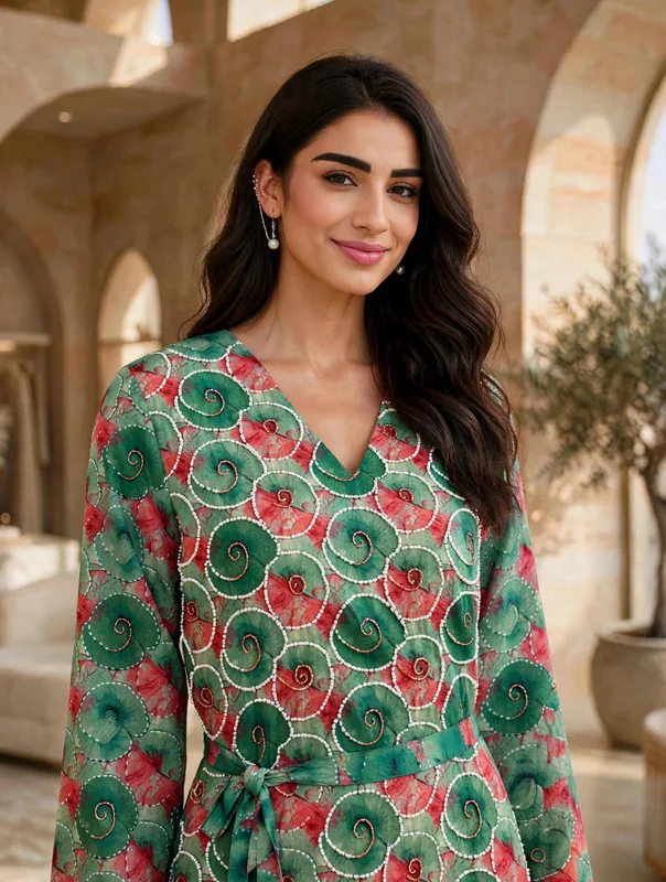 Ikkxa IKKXA Geometric Motif Belted V-Neck Jalabiya IKX122 Green