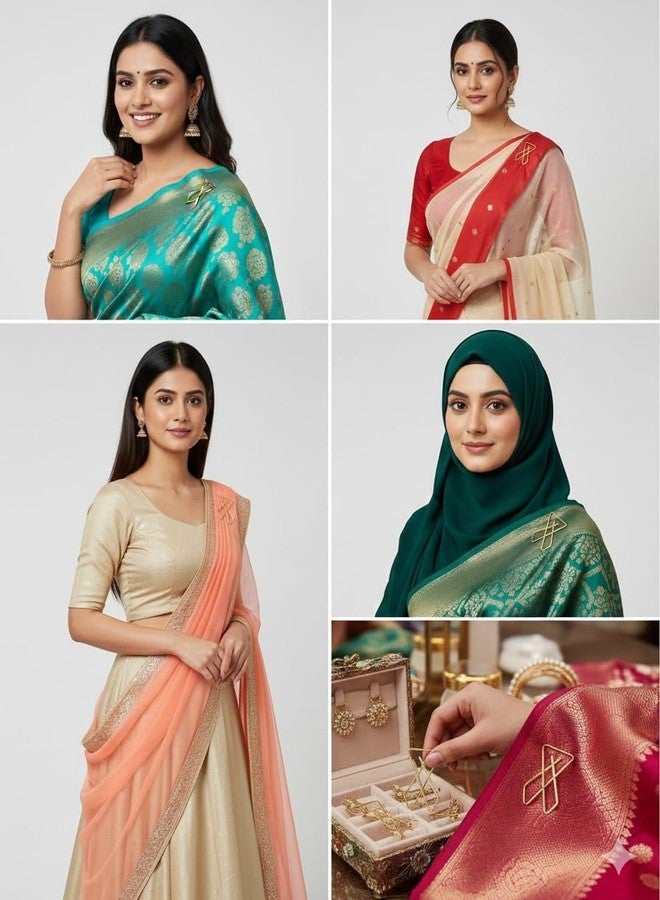 Agnirva Safety Saree Pin Brooch Set for Women & Girls | Heavy-Duty Sari, Sadi, & Dupatta Pins | Fashion Hijab Broach Accessories | Protect Fabric & Prevent Folds Golden Finish (Pack of 6) - Image 2