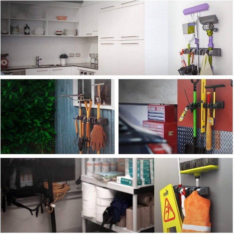 Spaceshoop Mop Broom Holder, Garden Tools Wall Mounted Commercial Organizer Saving Space Storage Rack for Kitchen Garden and Garage,Laundry Offices(5 Position with 6 Hooks) - Image 4