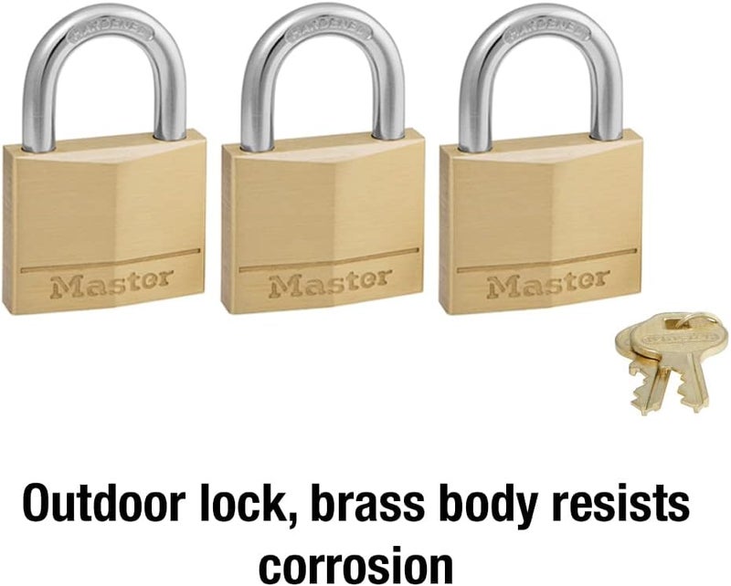MasterLock 140TRI Solid Brass Padlock with Key, 3 Pack - Image 3