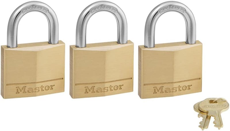 MasterLock 140TRI Solid Brass Padlock with Key, 3 Pack - Image 1