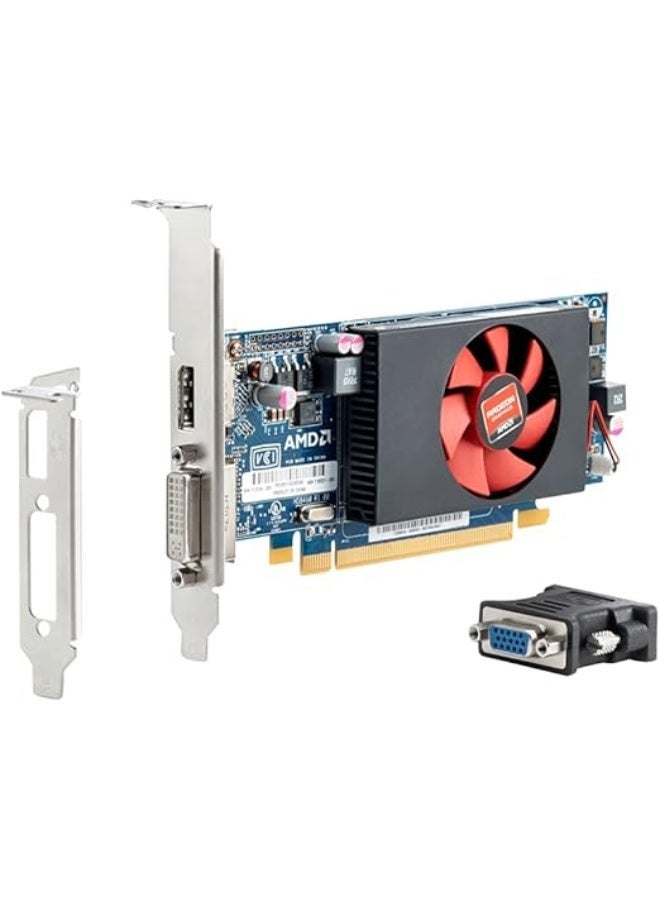 AMD 1GB graphics card with cooling fan, DisplayPort and DVI ports, includes a VGA adapter for desktop computers.