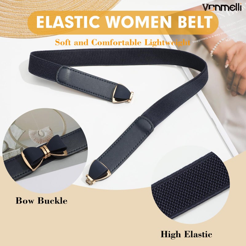 VONMELLI Womens Skinny Elastic Navy Belt Stretchy Bow Belt for Women Dresses Thin Waist Ladies Belts, M - Image 3
