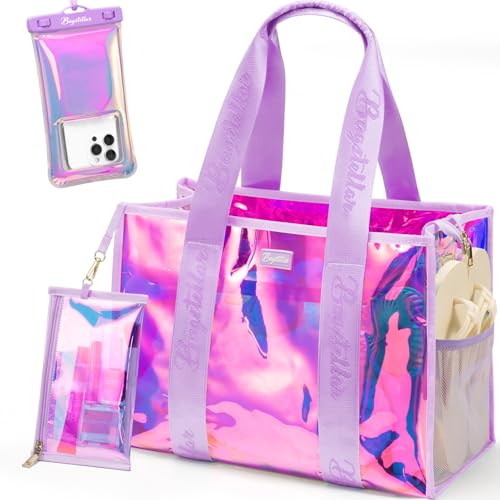 Bagstellar Beach Bags for Women 3 PCS Large Iridescent Clear Beach Tote Bag with Zipper Makeup Bag Waterproof Phone Pouch Case Sandproof Crossbody Swim Pool Bag Summer Vacation Travel Essentials - Image 1
