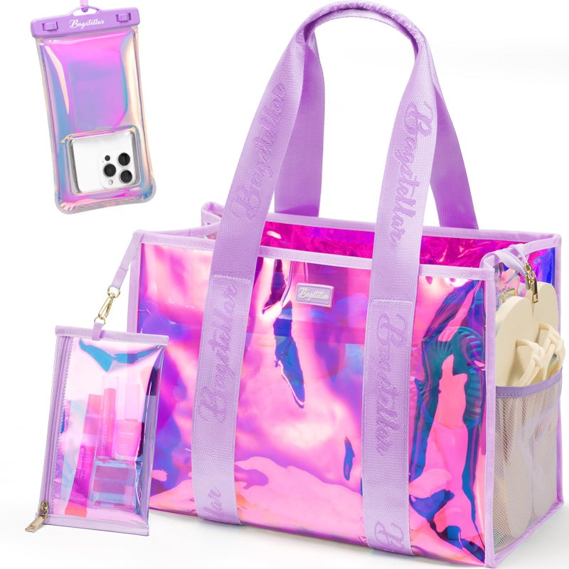 Bagstellar Beach Bags for Women 3 PCS Large Iridescent Clear Beach Tote Bag with Zipper Makeup Bag Waterproof Phone Pouch Case Sandproof Crossbody Swim Pool Bag Summer Vacation Travel Essentials - Image 2