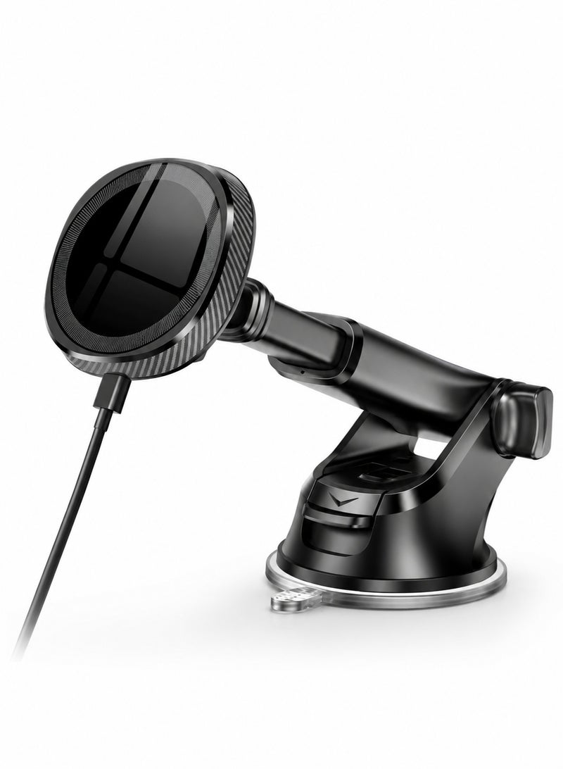 WYE 15W In-Car Wireless Charging Phone Holder | Dashboard & Windshield Mount | Fast Charging Car phone mount | 360° Rotation Mobile Stand | Universal Smartphone Compatibility | Black - Image 1