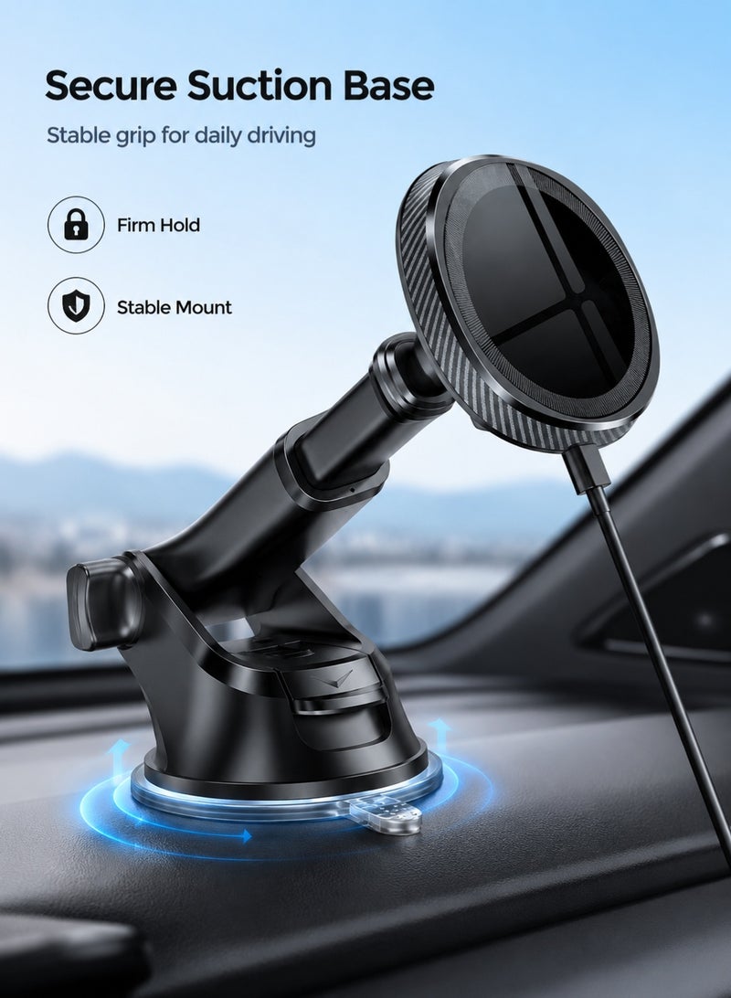WYE 15W In-Car Wireless Charging Phone Holder | Dashboard & Windshield Mount | Fast Charging Car phone mount | 360° Rotation Mobile Stand | Universal Smartphone Compatibility | Black - Image 4