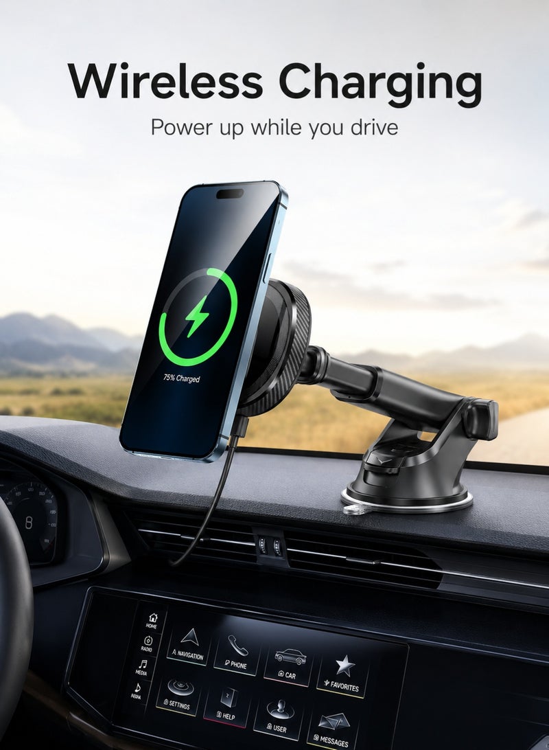 WYE 15W In-Car Wireless Charging Phone Holder | Dashboard & Windshield Mount | Fast Charging Car phone mount | 360° Rotation Mobile Stand | Universal Smartphone Compatibility | Black - Image 3