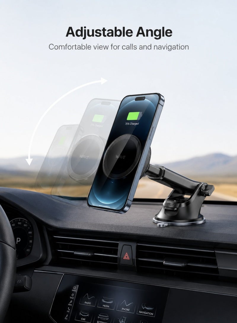 WYE 15W In-Car Wireless Charging Phone Holder | Dashboard & Windshield Mount | Fast Charging Car phone mount | 360° Rotation Mobile Stand | Universal Smartphone Compatibility | Black - Image 5