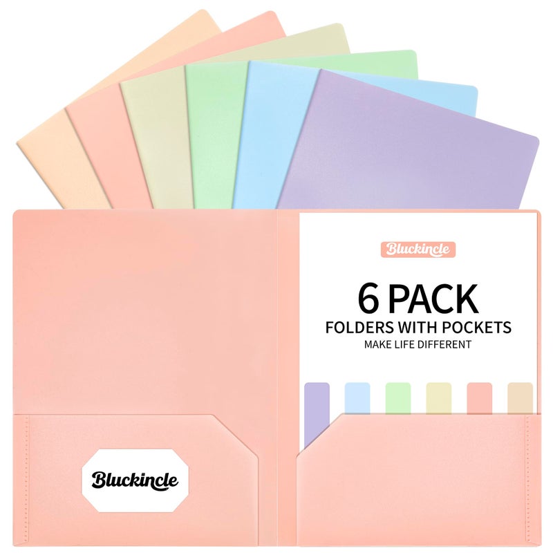 Bluckincle Folders with Pockets, 2 Pocket Plastic Folder with Pockets for School Colored File Folder for Documents Letter Size with Business Card Slot Back to School Office Teacher Supplies(6 Pack Pastel Colors) - Image 1