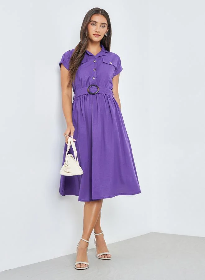 Purple Belted Cotton Midi Dress
