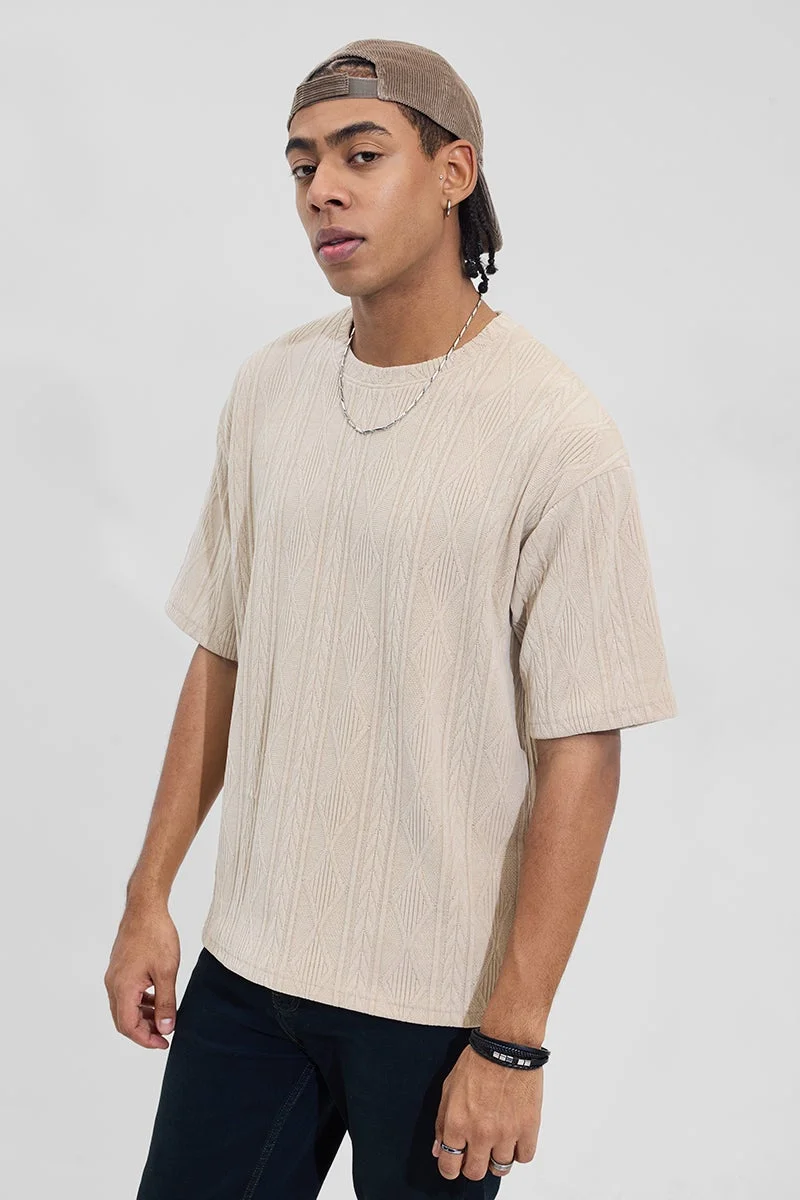 سنيتش Light Beige Geometric Half Sleeve Oversized T-Shirt