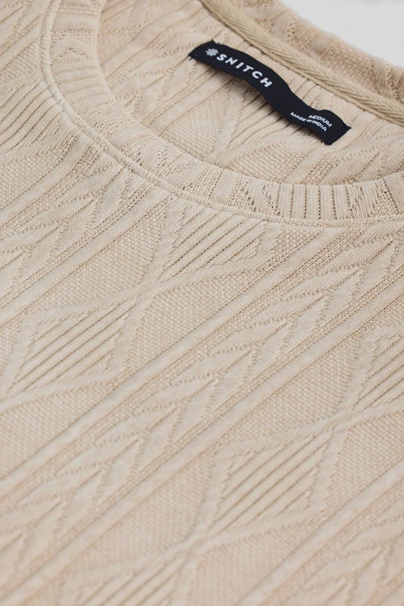 سنيتش Light Beige Geometric Half Sleeve Oversized T-Shirt