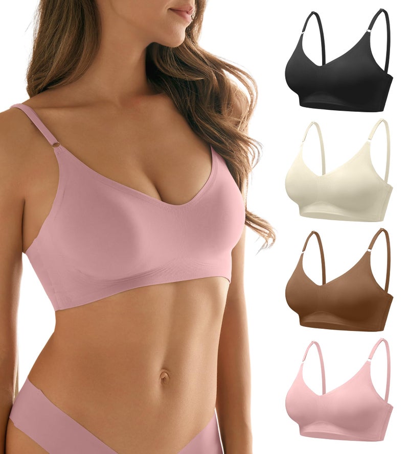 DEANGELMON Seamless Bras for Women V Neck Padded Bra Adjustable Straps Bralettes Everyday Sleeping Bra Multiple Pack(4P14,M) - Image 1