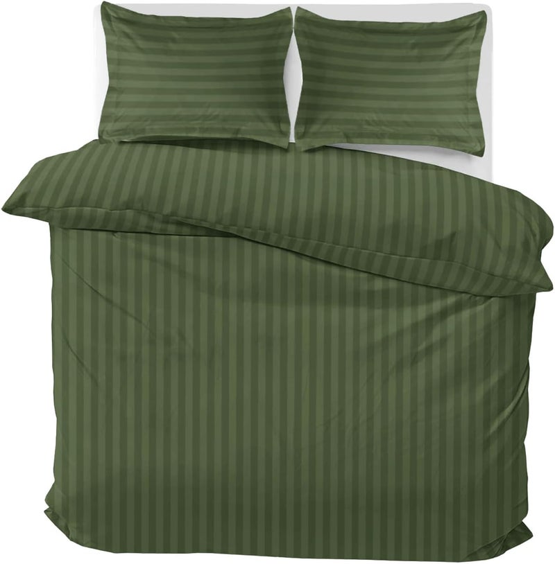 MOONLIGHT20015 Double Duvet Set Reversible Stripes Satin Double Bedding Set with 2 Pillowcases Soft Hypoallergenic Duvet Cover (Olive Green 200x200 CM) - Image 3