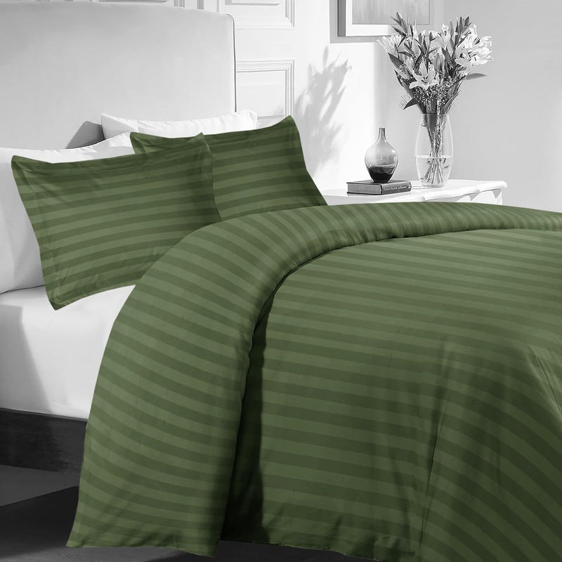 MOONLIGHT20015 Double Duvet Set Reversible Stripes Satin Double Bedding Set with 2 Pillowcases Soft Hypoallergenic Duvet Cover (Olive Green 200x200 CM) - Image 2