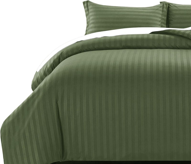 MOONLIGHT20015 Double Duvet Set Reversible Stripes Satin Double Bedding Set with 2 Pillowcases Soft Hypoallergenic Duvet Cover (Olive Green 200x200 CM) - Image 1
