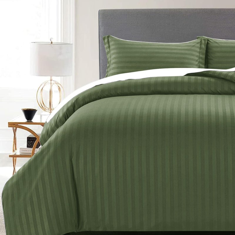 MOONLIGHT20015 Double Duvet Set Reversible Stripes Satin Double Bedding Set with 2 Pillowcases Soft Hypoallergenic Duvet Cover (Olive Green 200x200 CM) - Image 5